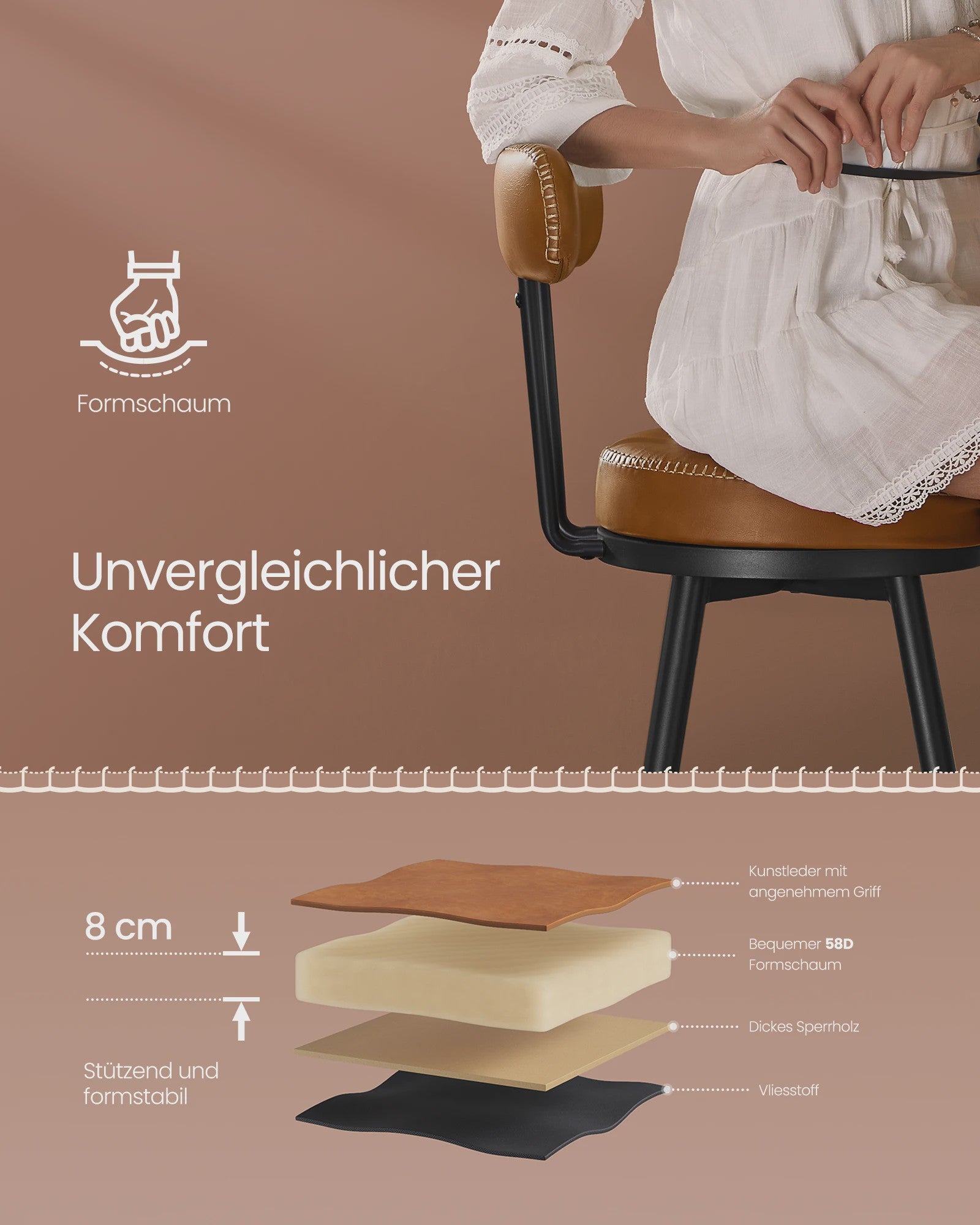 Set van 2 Bruine Barstoelen met Rugleuning en Draaibare Zitting - Kunstleer