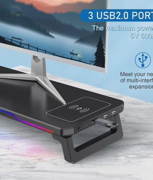 RGB Monitorstandaard met Draadloze Oplader en USB Hub