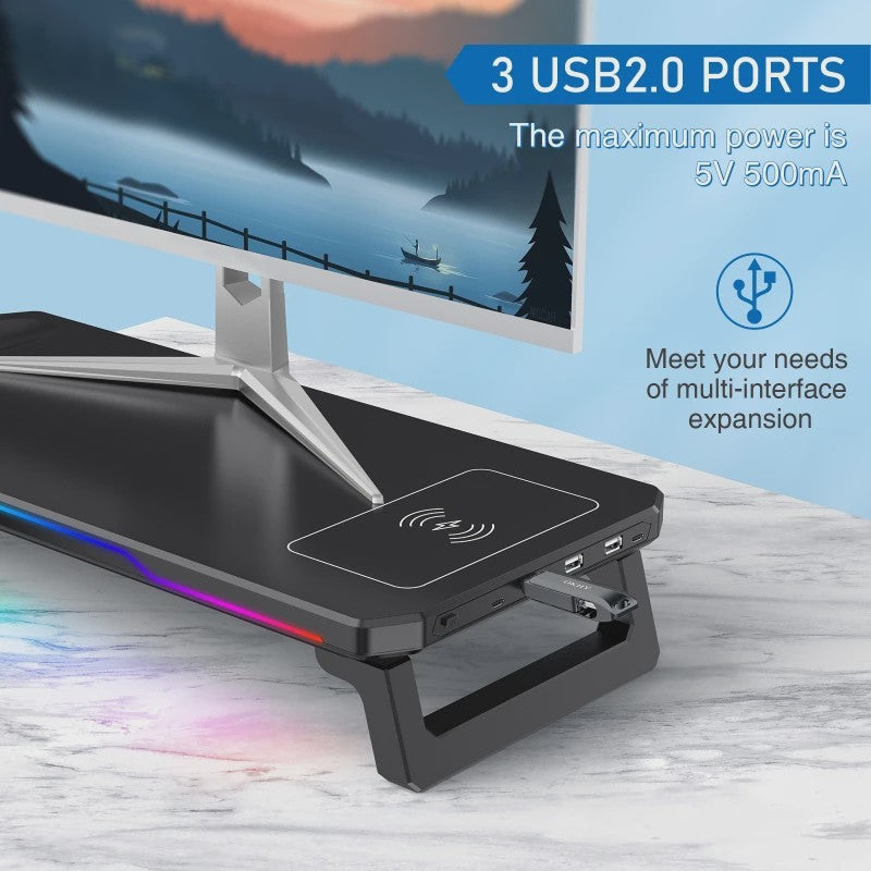 RGB Monitorstandaard met Draadloze Oplader en USB Hub