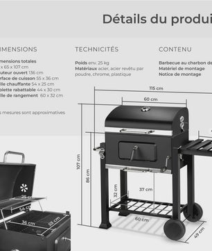 Zwarte Trolley Barbecue met Wielen, Deksel en Thermometer - 115x68x107 cm