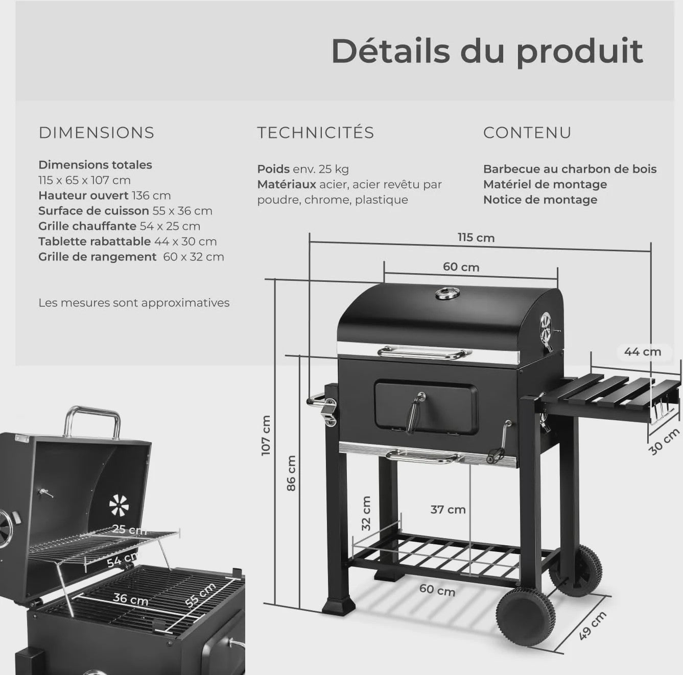 Zwarte Trolley Barbecue met Wielen, Deksel en Thermometer - 115x68x107 cm