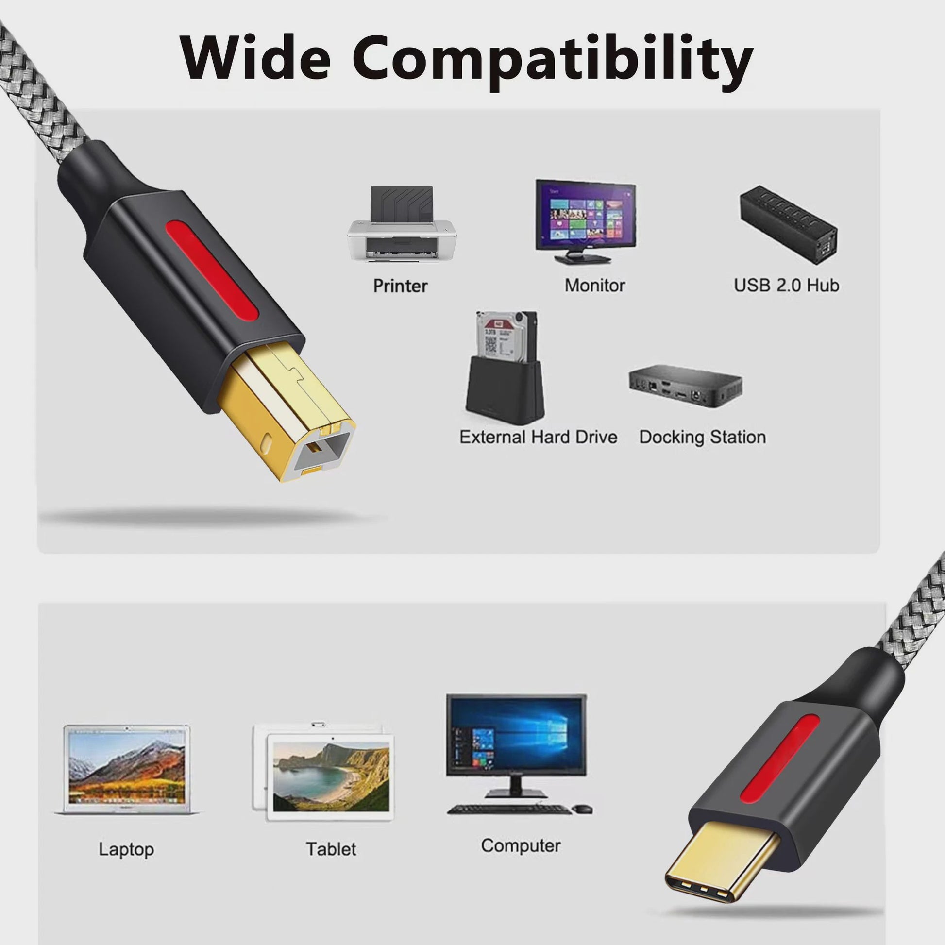 USB-C naar USB Printerkabel - 1, 2, 3, 5 of 6 Meter - Voor MacBook, Printers, Scanners & Faxapparaten
