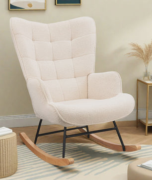 Luxe Teddy Fleece Schommelstoel Beige - Comfortabele Relaxfauteuil met Houten Basis