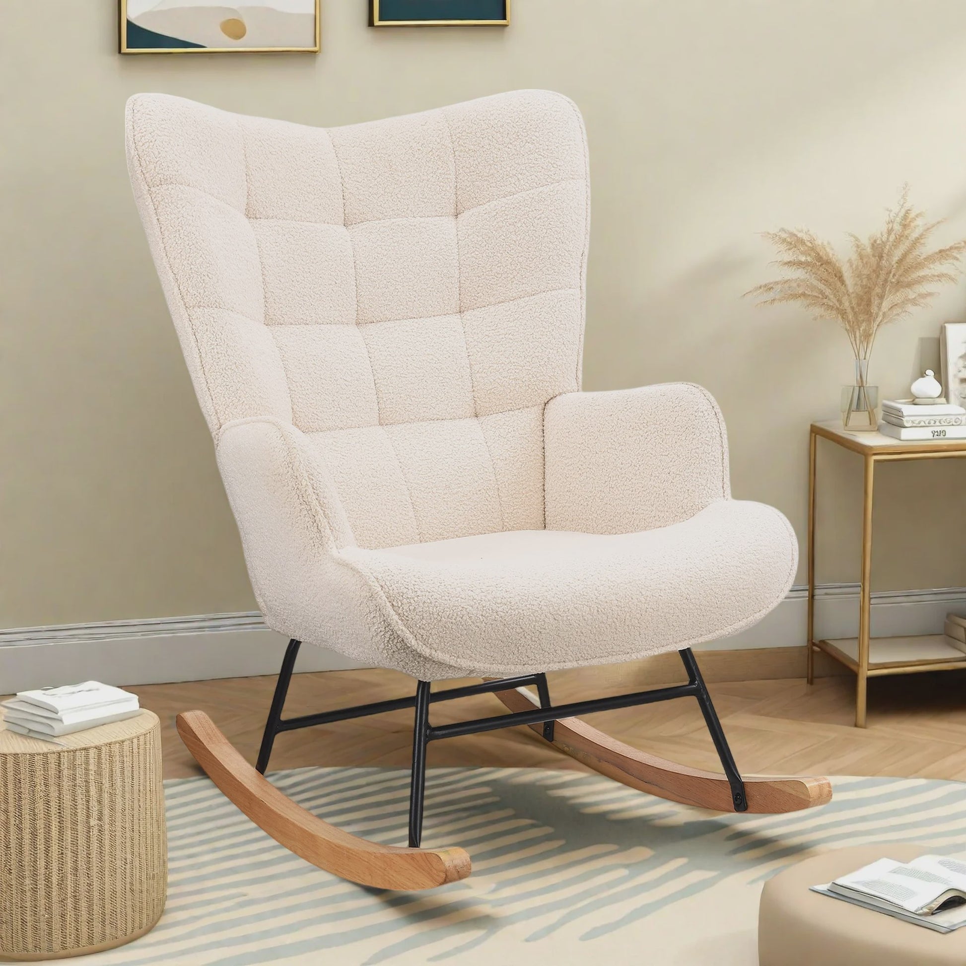 Luxe Teddy Fleece Schommelstoel Beige - Comfortabele Relaxfauteuil met Houten Basis
