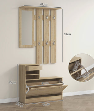 HOMCOM 3-in-1 Entree Meubelset: Kapstok, Spiegel & Schoenbank met 6 Haken en Verstelbare Plank - Natuurlijk Houtdecor