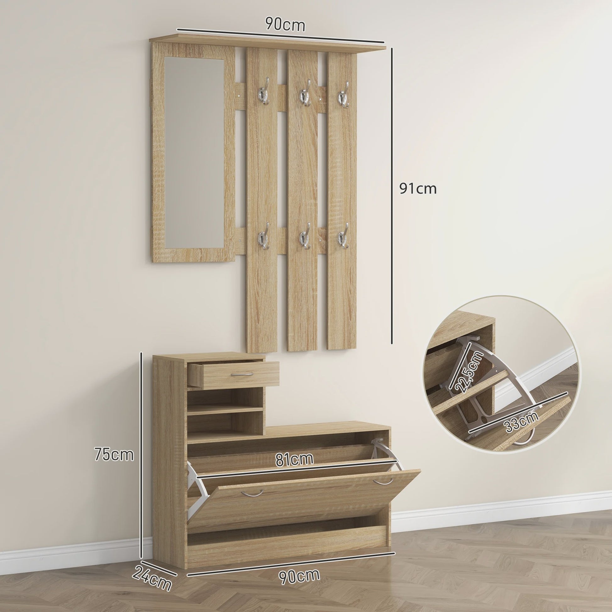 HOMCOM 3-in-1 Entree Meubelset: Kapstok, Spiegel & Schoenbank met 6 Haken en Verstelbare Plank - Natuurlijk Houtdecor