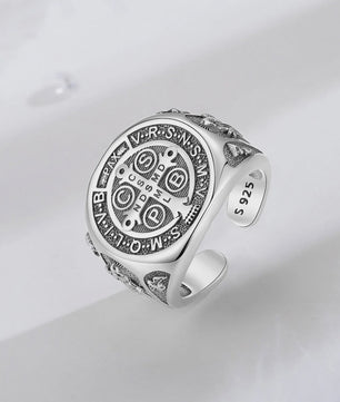 Sint Benedictus Ring 925 Sterling Zilver - Verstelbaar, Vintage Kruis Medaille Juweel
