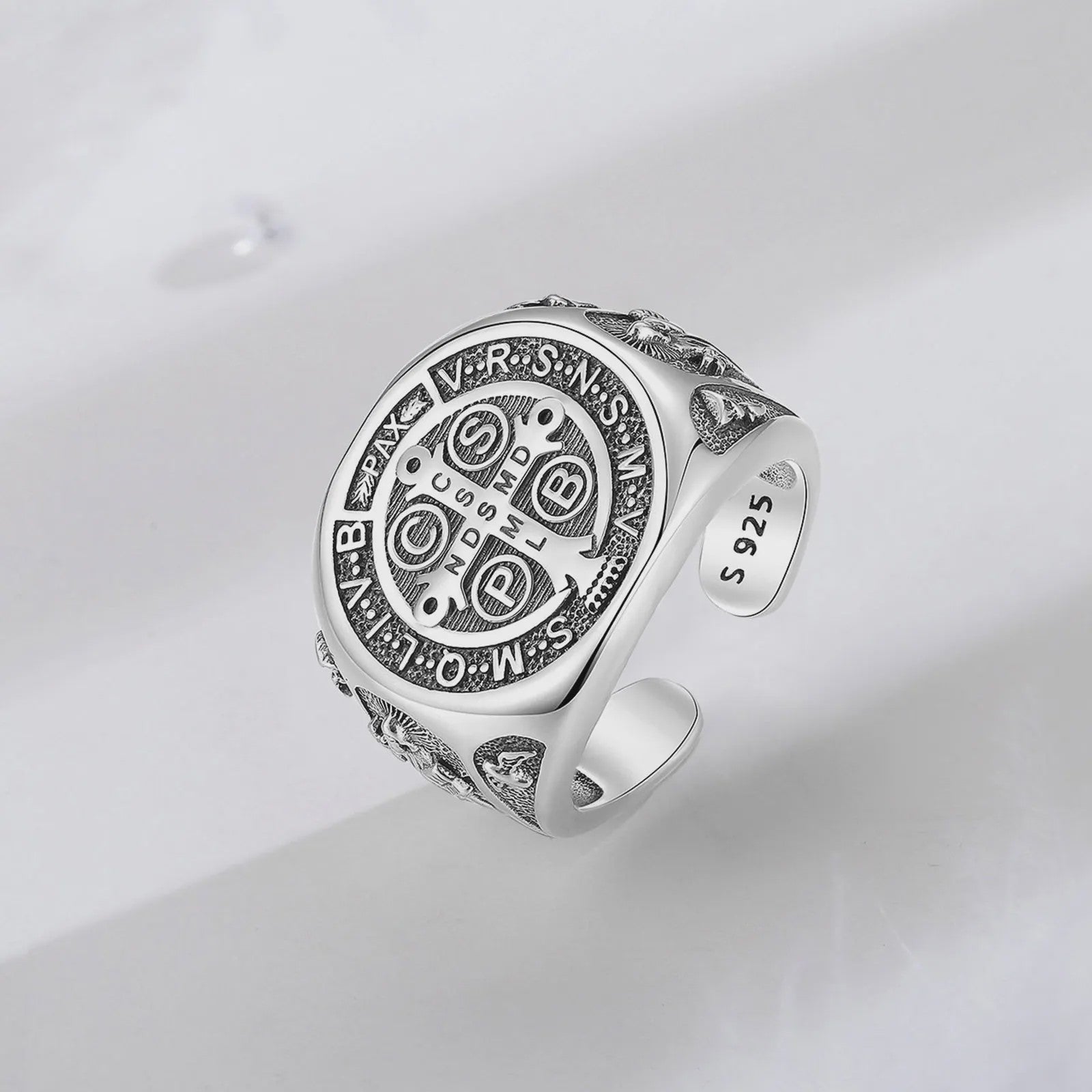 Sint Benedictus Ring 925 Sterling Zilver - Verstelbaar, Vintage Kruis Medaille Juweel