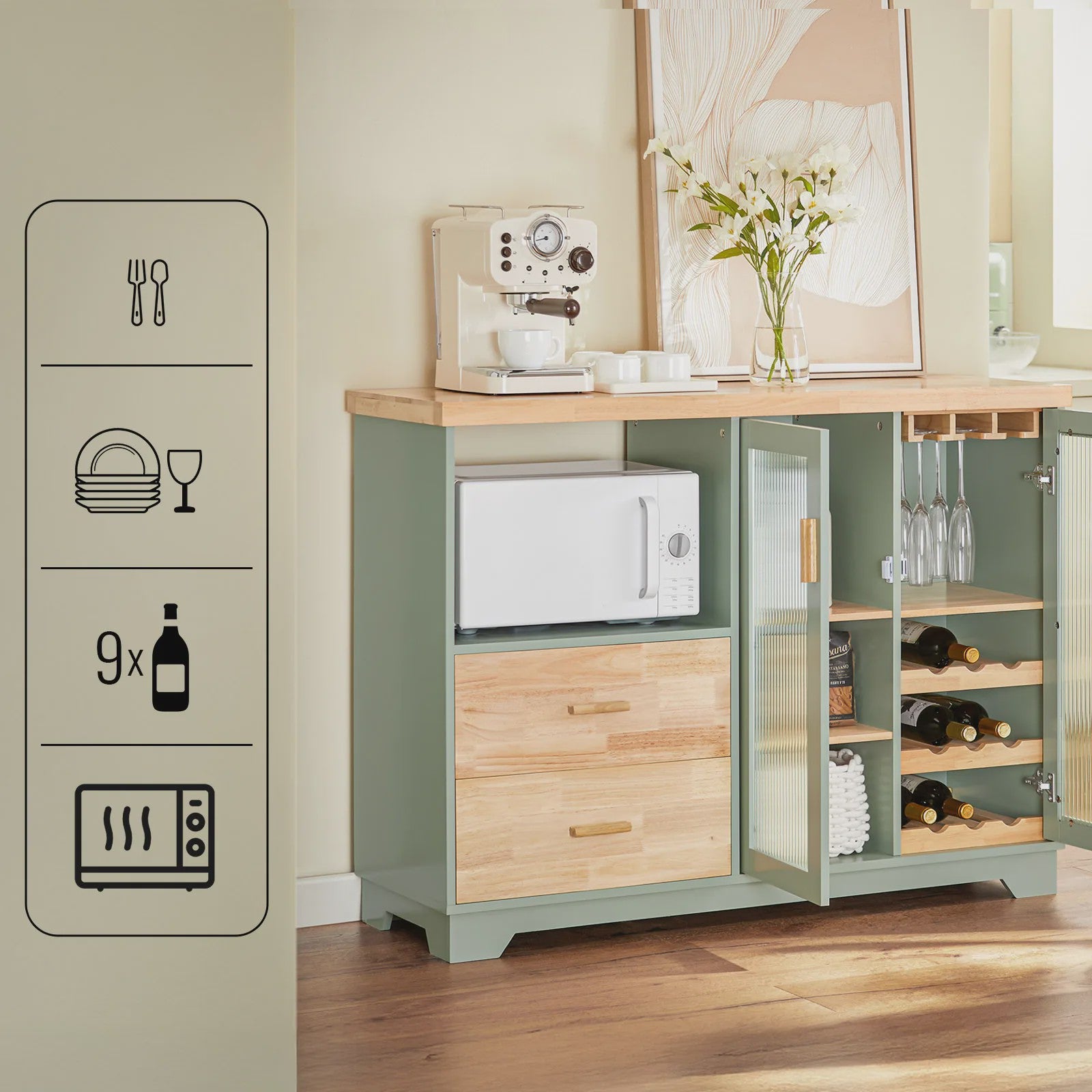 Buffetkast met Glazen Deuren en Lades - Stijlvolle Keuken-, Hal- of Sideboardkast