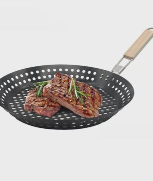 Ronde BBQ Grill Pan met Houten Handvat - Draagbaar & Duurzaam voor Buiten