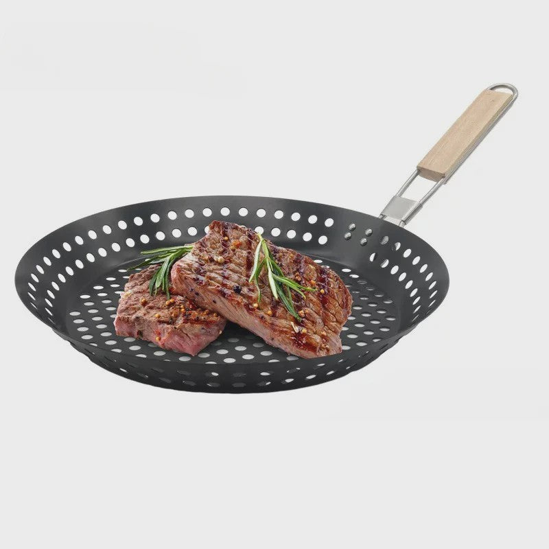 Ronde BBQ Grill Pan met Houten Handvat - Draagbaar & Duurzaam voor Buiten