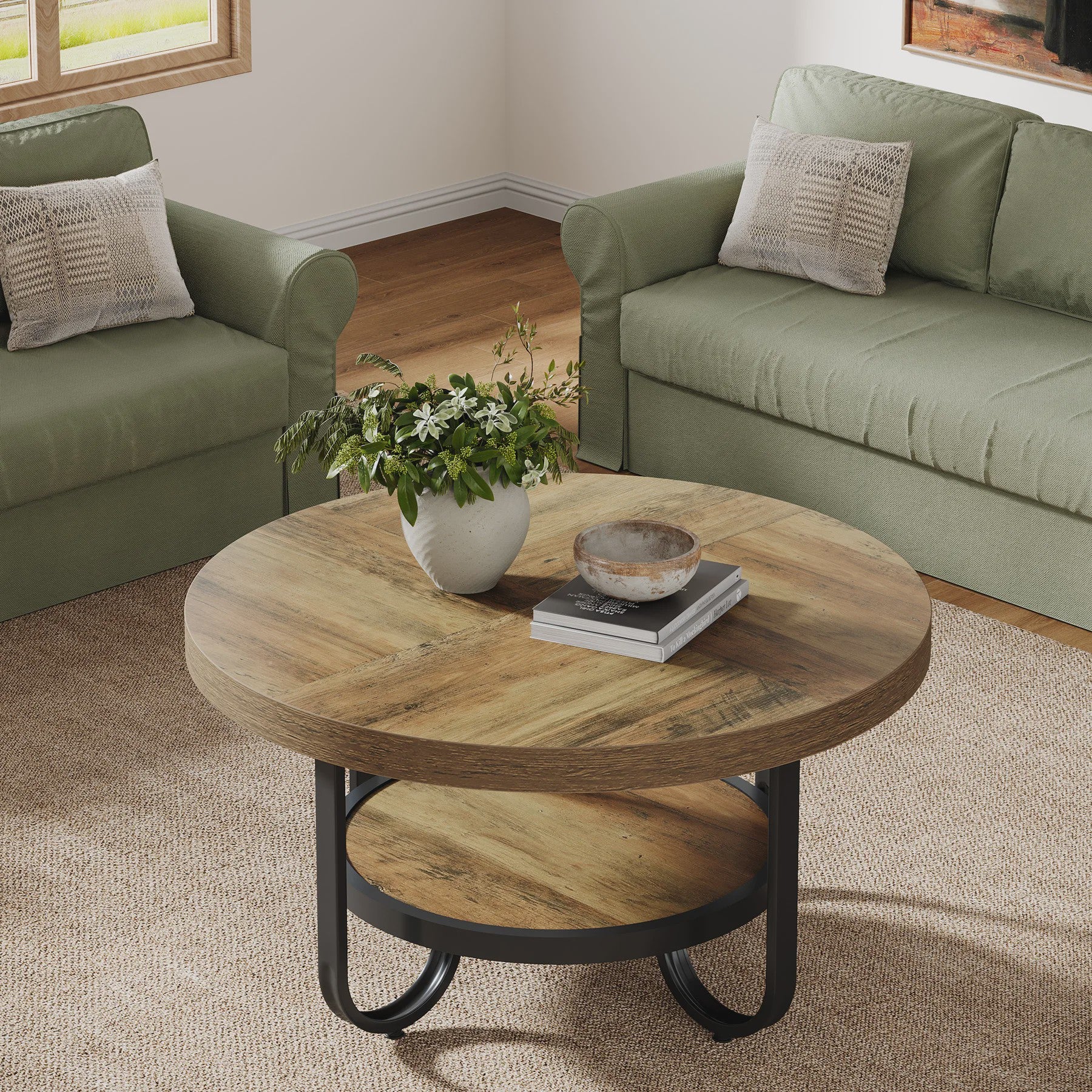 Stijlvolle Ronde Salontafel met 2 Lagen en Opbergplank - 79cm Diameter