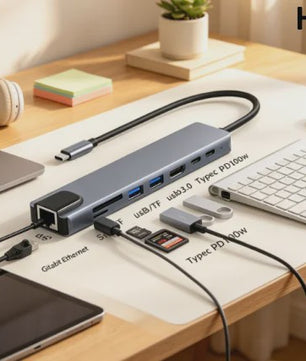 8-in-1 USB-C Hub: 4K HDMI, RJ45, SD/TF Kaartlezer & PD Snellaad Adapter