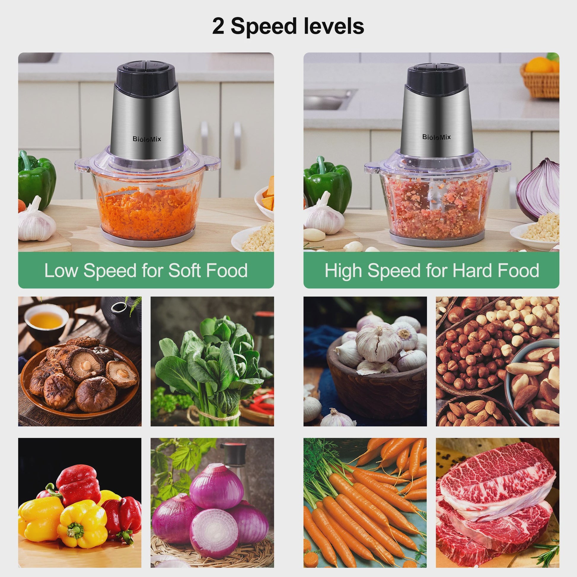 BioloMix 1.8L Glazen Foodprocessor & Gehaktmolen - Krachtig, Dubbele Snelheid