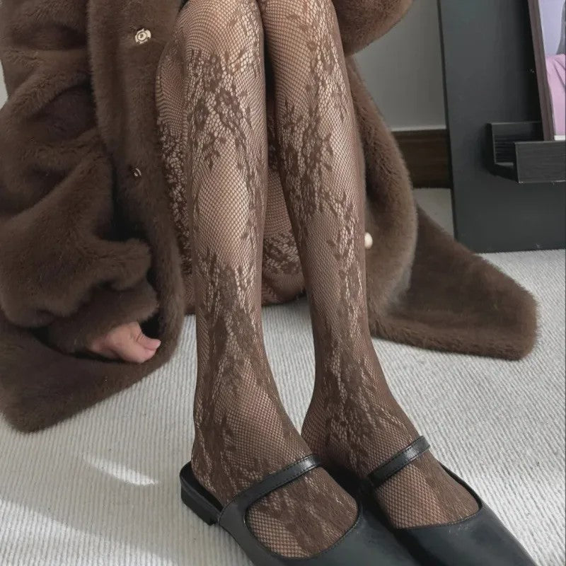 Luxe Kant & Mesh Pantyhose met Bloemendessin - Sexy & Modieus