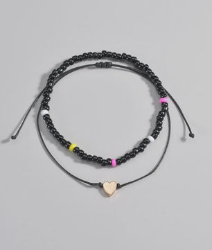 Set van 2 Verstelbare Anklets met Hartje en Zwarte Kralen - Waterdicht