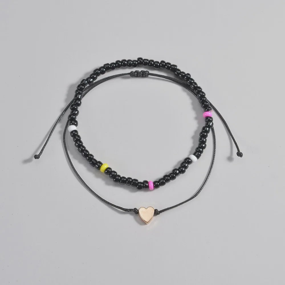 Set van 2 Verstelbare Anklets met Hartje en Zwarte Kralen - Waterdicht