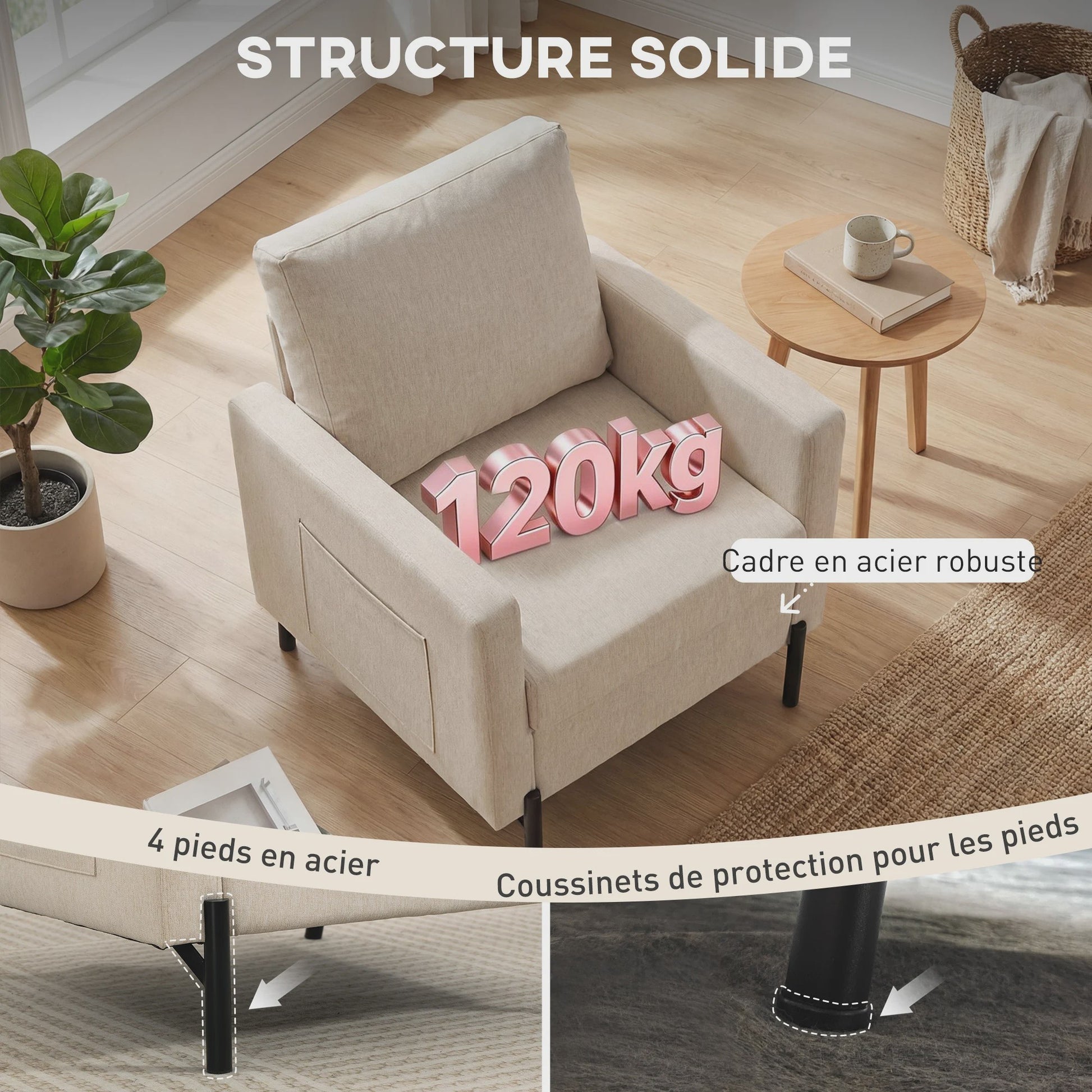 Comfortabele Beige Fauteuil met Armleuningen en Stalen Poten - Stijlvol en Duurzaam