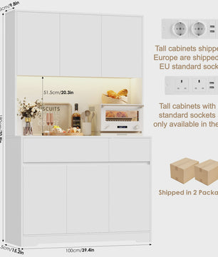 Hoge Keukenkast met LED & Stopcontact - 180cm Breed - 6 Deuren, 2 Lades, Verstelbare Planken