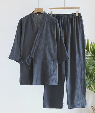 Luxe Katoenen Kimono Pyjama Set Heren - 2 Delig met Lange Broek en Zakken
