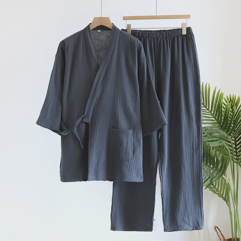 Luxe Katoenen Kimono Pyjama Set Heren - 2 Delig met Lange Broek en Zakken
