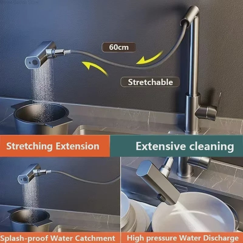 Grijze/Zilveren Uittrekbare Keukenkraan met Flexibele Douchemodus en Warm/Koud Water - Dekmontage