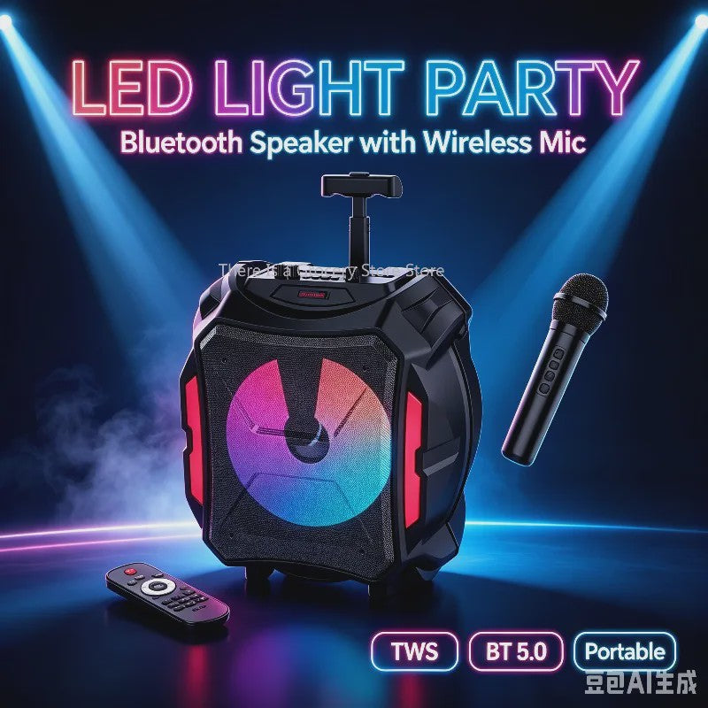 Draagbare Karaoke Bluetooth Speaker met LED, Draadloze Microfoon & Afstandsbediening - Perfect voor Outdoor Feesten