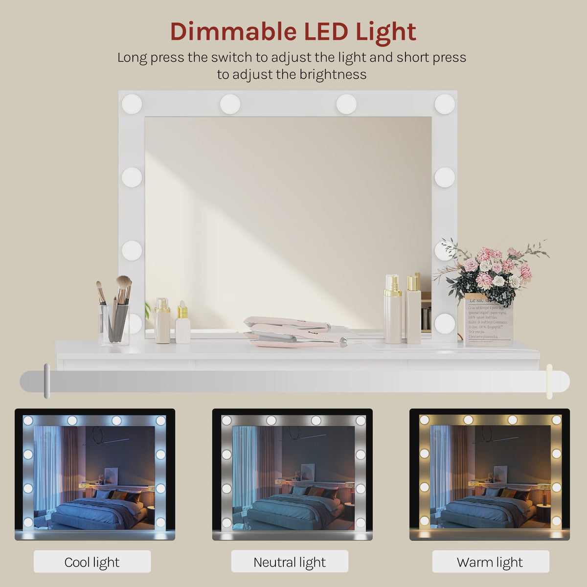 Witte Kaptafel met Spiegel, LED Verlichting en 7 Lades - Inclusief Oplaadpunt