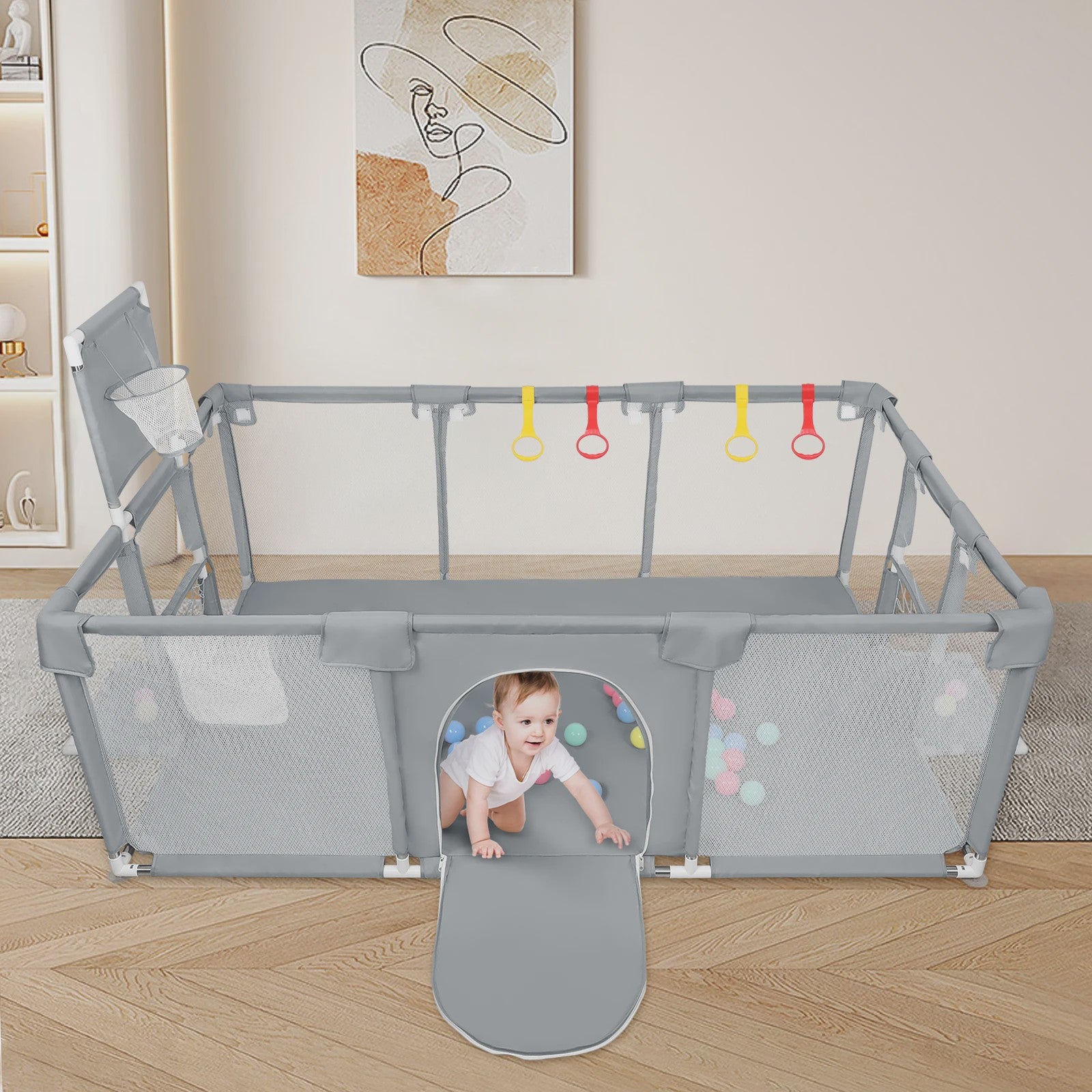 XL Baby Speelpen 180x120cm met Basketbalring, Voetbalframe en 50 Ballen