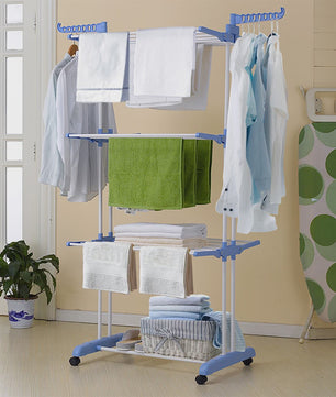 3-Laags Kledingrek op Wielen - Dubbele Stang, Opvouwbaar Droogrek voor Binnen & Buiten - 75x64x170cm