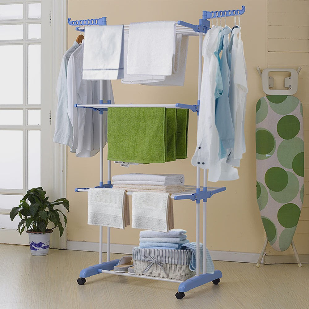 3-Laags Kledingrek op Wielen - Dubbele Stang, Opvouwbaar Droogrek voor Binnen & Buiten - 75x64x170cm