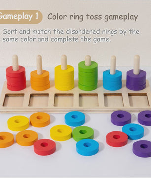 Montessori Houten Regenboog Ringenspel - Kleuren Sorteren & Logisch Denken Educatief Speelgoed