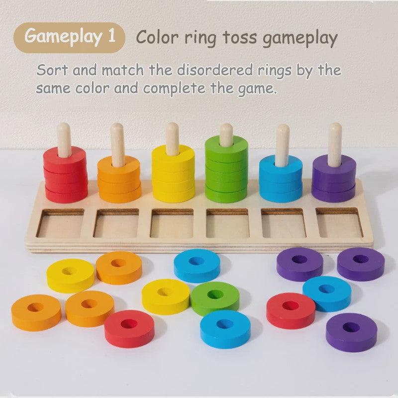 Montessori Houten Regenboog Ringenspel - Kleuren Sorteren & Logisch Denken Educatief Speelgoed