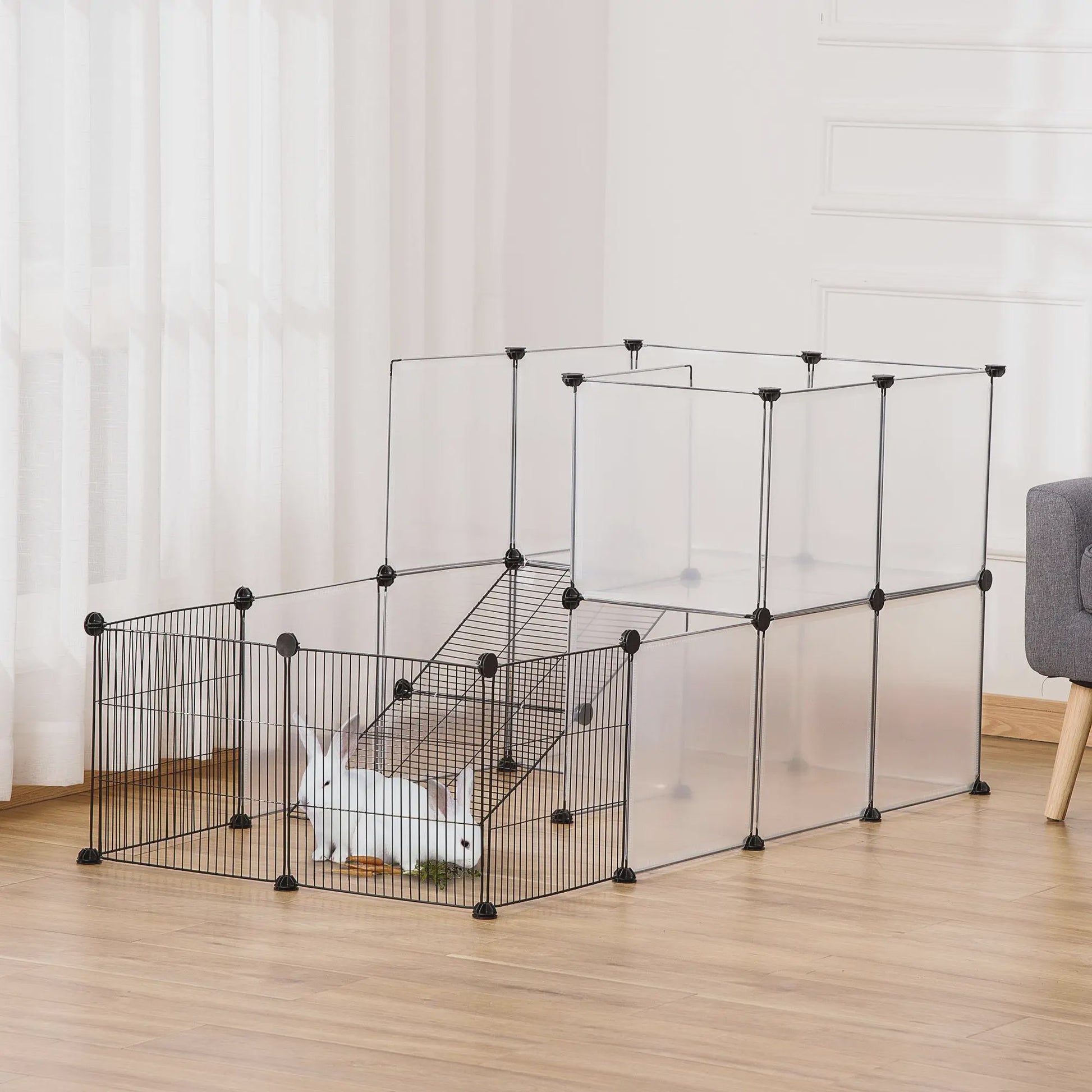 Modulaire Knaagdierenkooi RVS - 27 Delen - Voor Konijnen, Cavia's & Chinchilla's - 140x70x70cm - Transparant