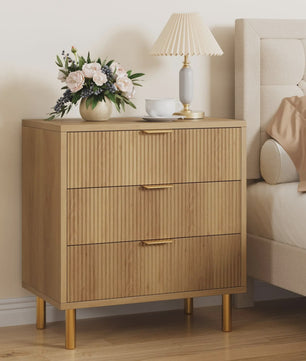 Houten Ladekast met 3 Lades, Modern Dressoir met Gouden Handgrepen en Metalen Poten