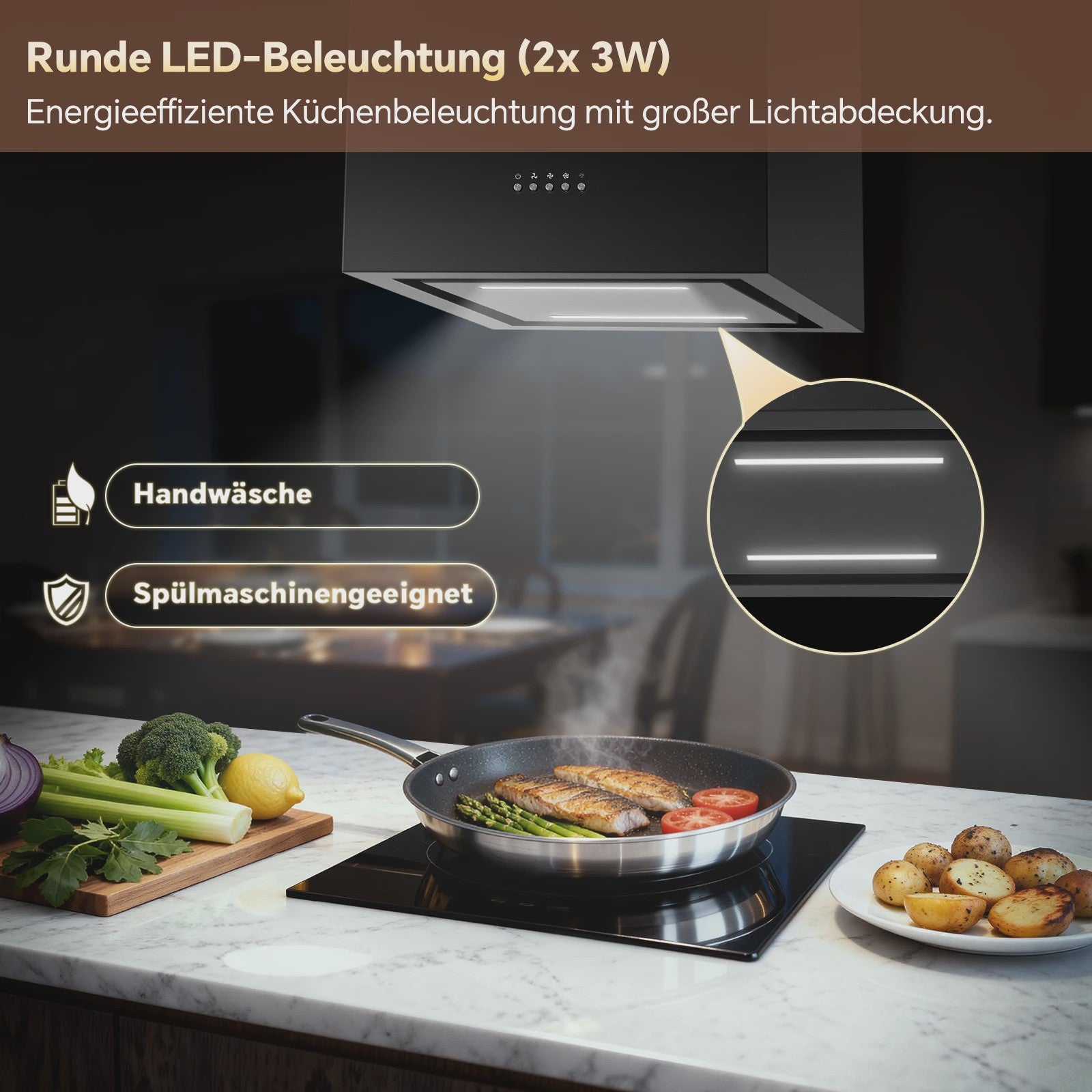 Zwarte Eiland Afzuigkap 800m³/u, Energie A+, 5-laags Filter, LED, Zonder Afvoer, Drukknop Bediening