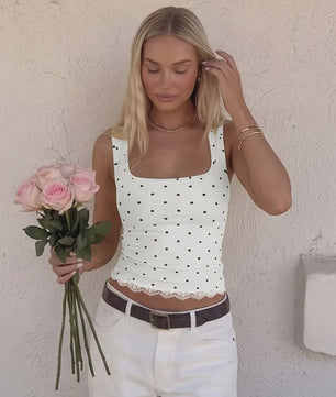 Zwarte Polka Dot Crop Top met Vierkante Hals en Kanten Randje - Zomer Streetwear