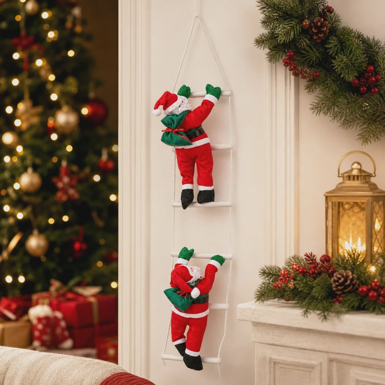 100cm Kerstman aan Ladder - Hangend Kerstdecoratie Ornament met Cadeauzak