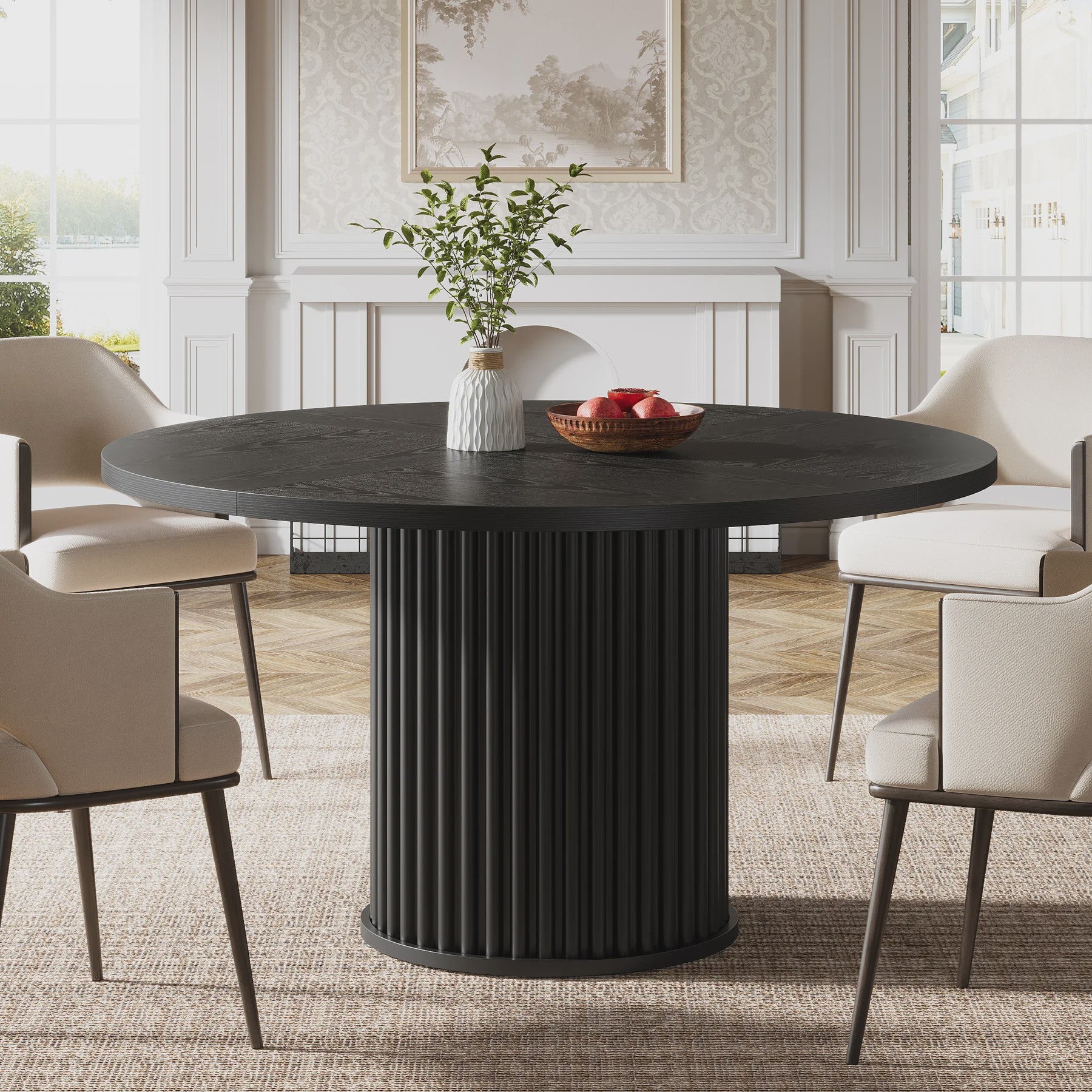 Zwarte Ronde Eettafel voor 4-6 Personen - 120 cm - Met Stijlvolle Gefineerde MDF & Metalen Onderstel