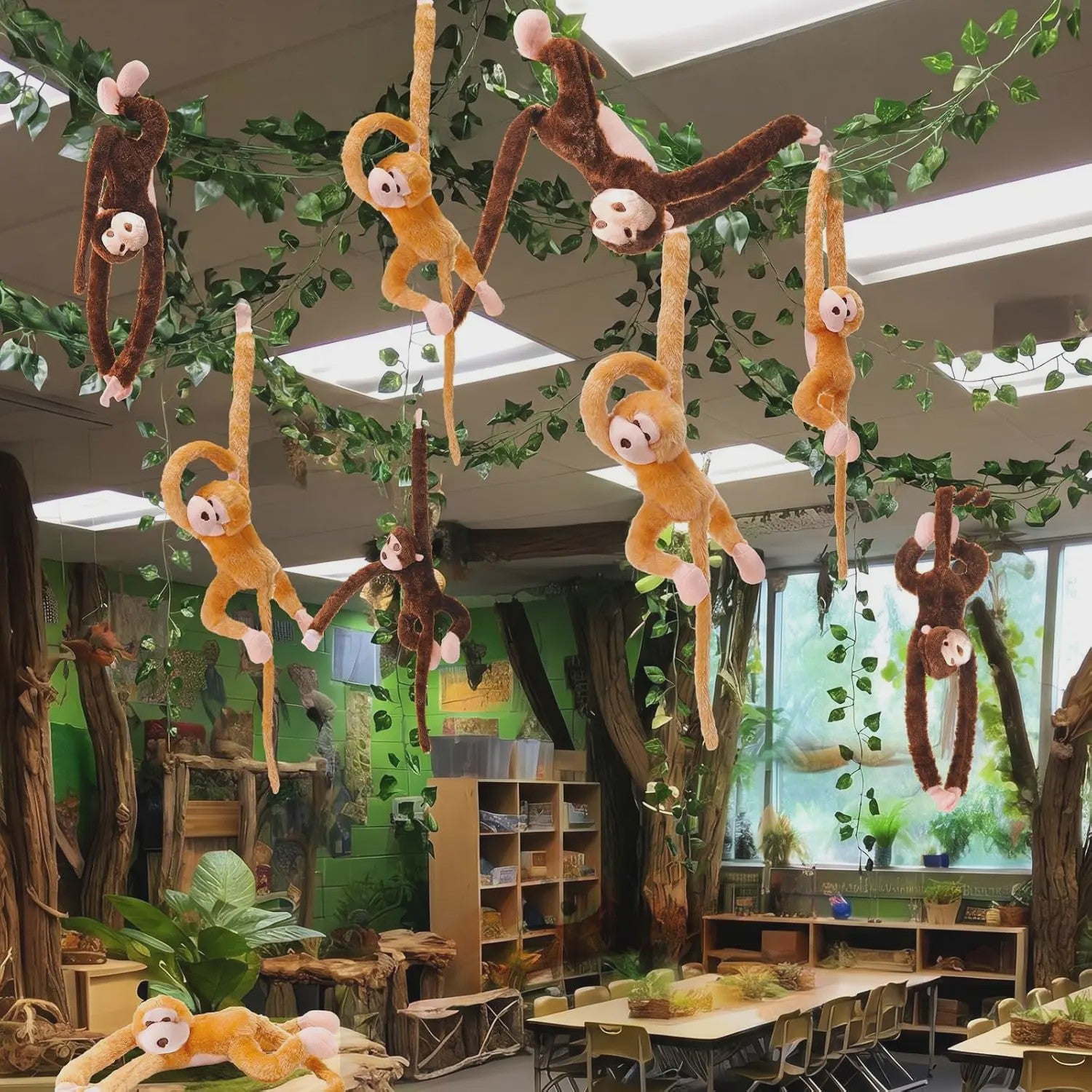 6 Stuks Hangende Pluche Apen met Kunstranken - Jungle & Safari Decoratie
