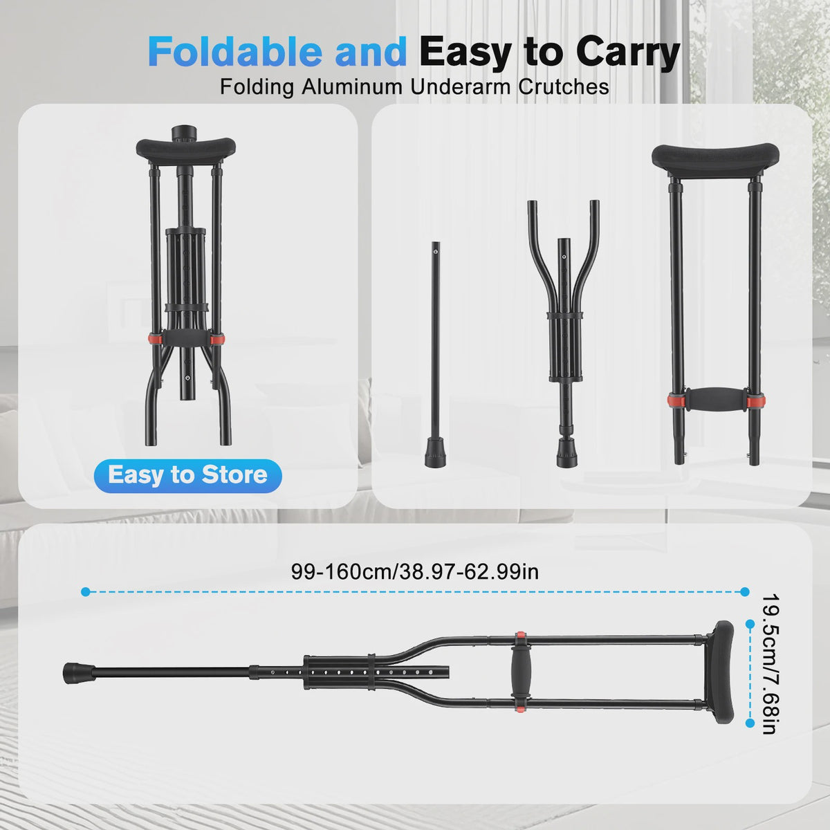 Folding Medical Elbow Crutches, Arms Crutches,Young People Orthopedic Mobility Aids Walking Stick Portable Forearm Crutches Pair