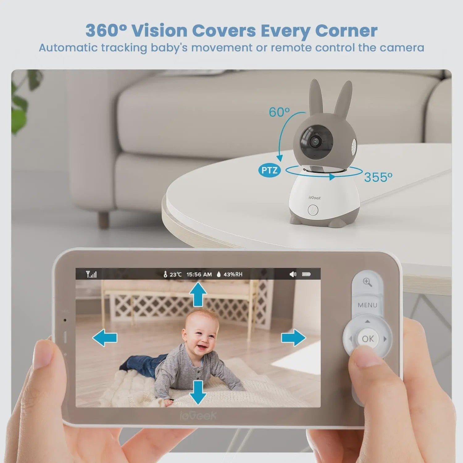 IeGeek 2K WiFi Babyfoon met 5" Split Screen, 360° PTZ Camera, Nachtzicht & App Bediening