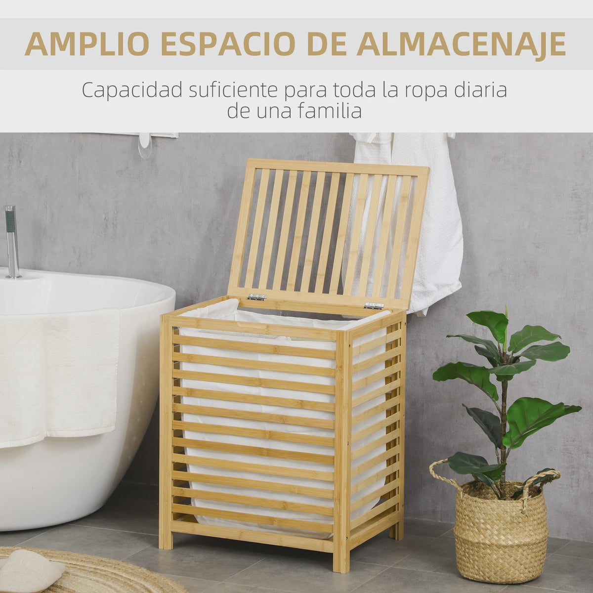 Homcom Bamboe Wasmand met Deksel - 55L - 50x36x60 cm - Naturel