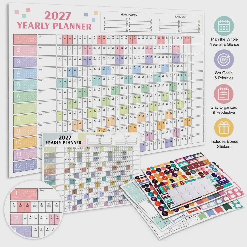 Jaarplanner 2027 - Grote Wandkalender met Planvakken en Stickers
