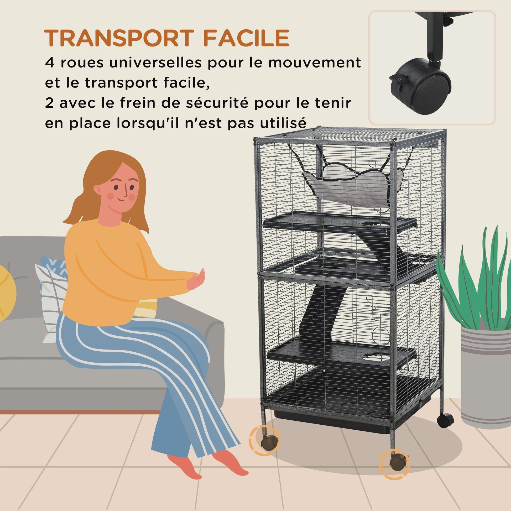 Pawut 4-level Portable Small Animal Cage for Small Animal, 2-door, 2-door, 3-Ramp, hammock and removable tray, 52x52 x cm Grey