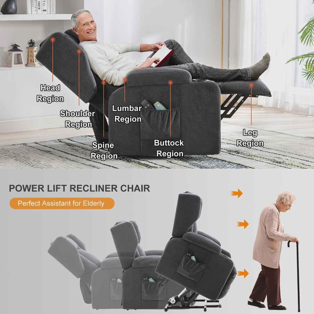 Elektrische Relaxfauteuil met Sta-Op Functie, Massage en Stoffen Bekleding