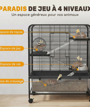 Ruime Knaagdierenkooi op Wielen met 4 Niveaus, 3 Platforms, 3 Hellingsbanen & Waterfles - Zwart