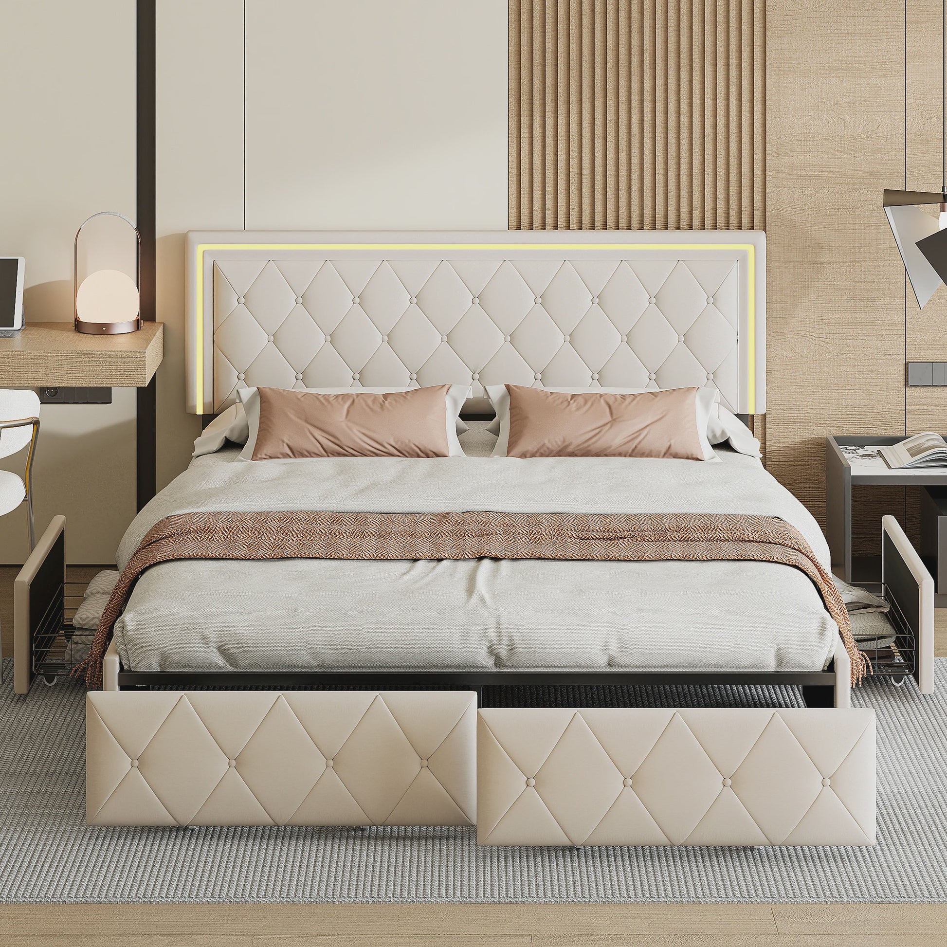Modern Kunstlederen Bed met Lades en Opbergruimte - Stijlvol Dubbelbed
