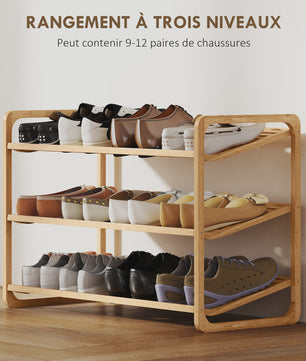 HOMCOM Bamboe Schoenenrek 3 Niveaus - Ruim 12 Paren Schoenen - 76x33x50,8cm - Natuurlijk Hout