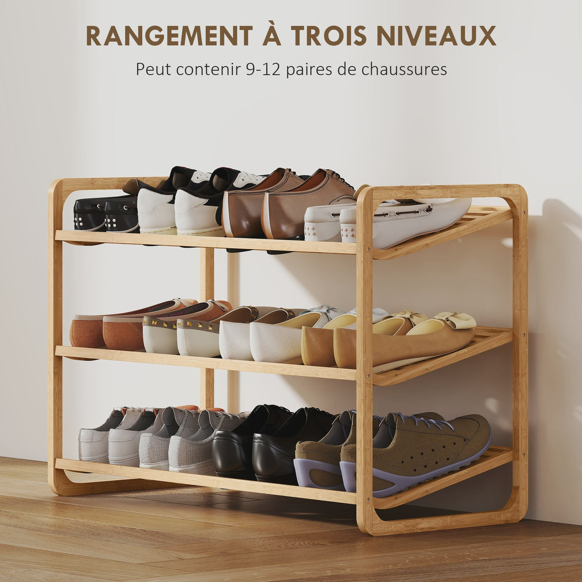 HOMCOM Bamboe Schoenenrek 3 Niveaus - Ruim 12 Paren Schoenen - 76x33x50,8cm - Natuurlijk Hout